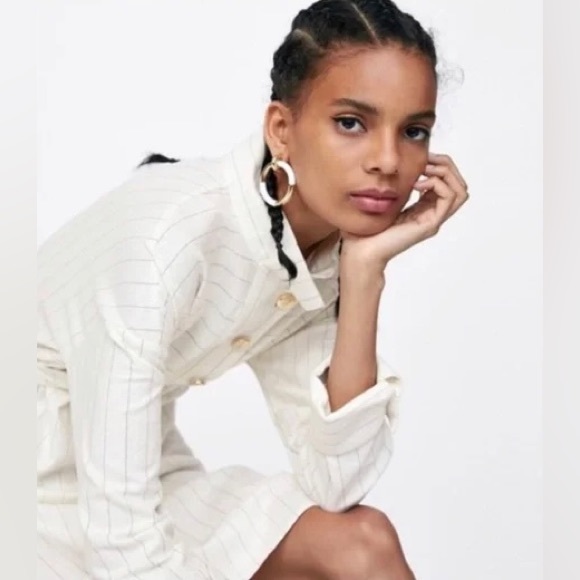 ZARA Basic Gold Button Linen Pinstripe Robe Midi Dress in Natural Cream XS - Picture 6 of 8